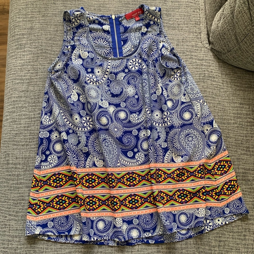 Blue and White Paisley Tank Top Shirt w/ Geometric Accent by Velvet Sky Size S